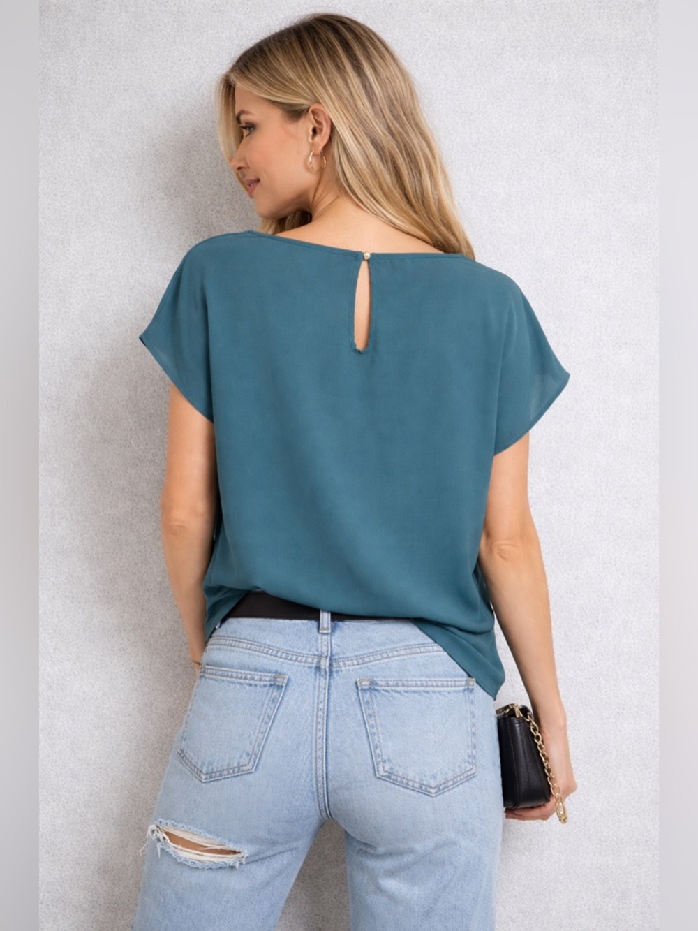 Teal Chiffon Blouse Women’s short Sleeve Flowy Top Work Office | Size L - Picture 3 of 11